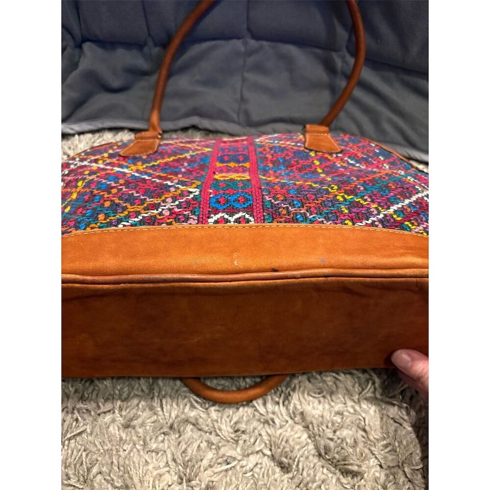 Artisan Handwoven Multicolor Brown Shoulder Bag with Suede Leather Trim - Picture 6 of 16